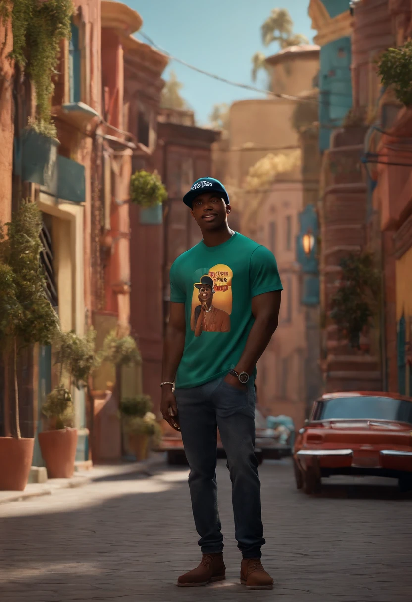 A black man in a cap without a beard ,olhos castanhos, com fones de ouvido, A music studio in the background, Imagem no estilo Pixar, Estilo de filme animado 3D, Disney, camiseta preta