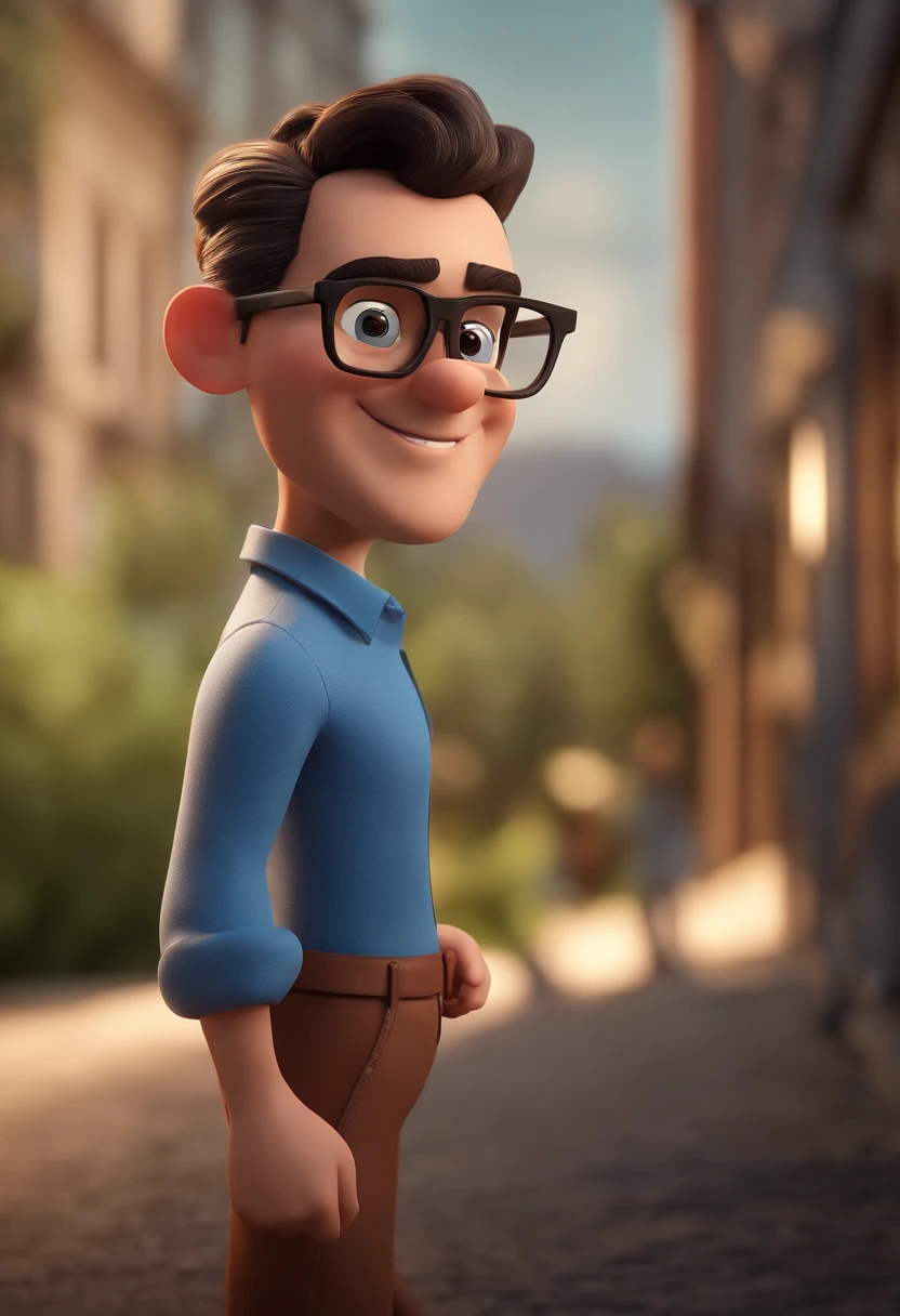 Cartoon character of a man with black glasses and a blue shirt, animation character, Caractere estilizado, animation style rendering, 3D estilizado, Arnold Maya render, 3 d render stylized, toon render keyshot, Personagem 3D, Personagem 3D, 3d rendering stylized, 3 d character render, personagem de desenho animado, Personagem de close up, Pose de personagem, (Estilo Pixar) (master part:1.2) (Bokeh) (best quality) (pele detalhada) (textura detalhada) (8k) (argila) (Cinematic lighting) (foco nítido