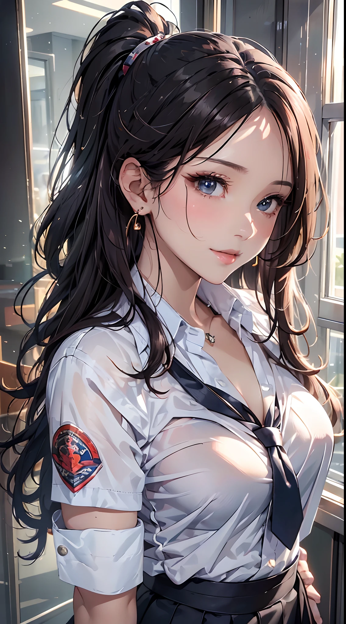 (Masterpiece: 1.2), (Ultra HDTV: 1.2), Cinema light, (Detailed eyes and skin), (Detailed facial features), Sharp Focus, Perfect style, beautiful face, Perfect body, accurate, anatomically correct, highly detailed face and skin texture, detailed eyes, Dark-blue eyes, double eyelids, thin eyebrows, glitter eyeliner: 1.2, natural cheeks, glossy skin, fair skin: 1.2, shiny little necklace and earrings, (glossy lips: 1.4), first-person-view, (she is very Cute high school student), (Wearing a Button up shirt, pleated mini skirt, Navy tie, high socks), (seductive smile: 1.2), (side-Ponytail Hairstyle, wavy hair), medium long hair, (Cowboy shot: 1.2), ((Very intimate relationships: 1.2)), medium large breasts, ((Looking back at viewer:1.2)), ((lifted a chest shirt:1.6)), ((In the school changing room:1.2)), (from side:1.2),