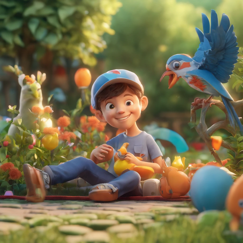 smiling 5--old an boy, com seu fiel amigo, parafuso, o gato malhado. Lying in the garden and a bird around