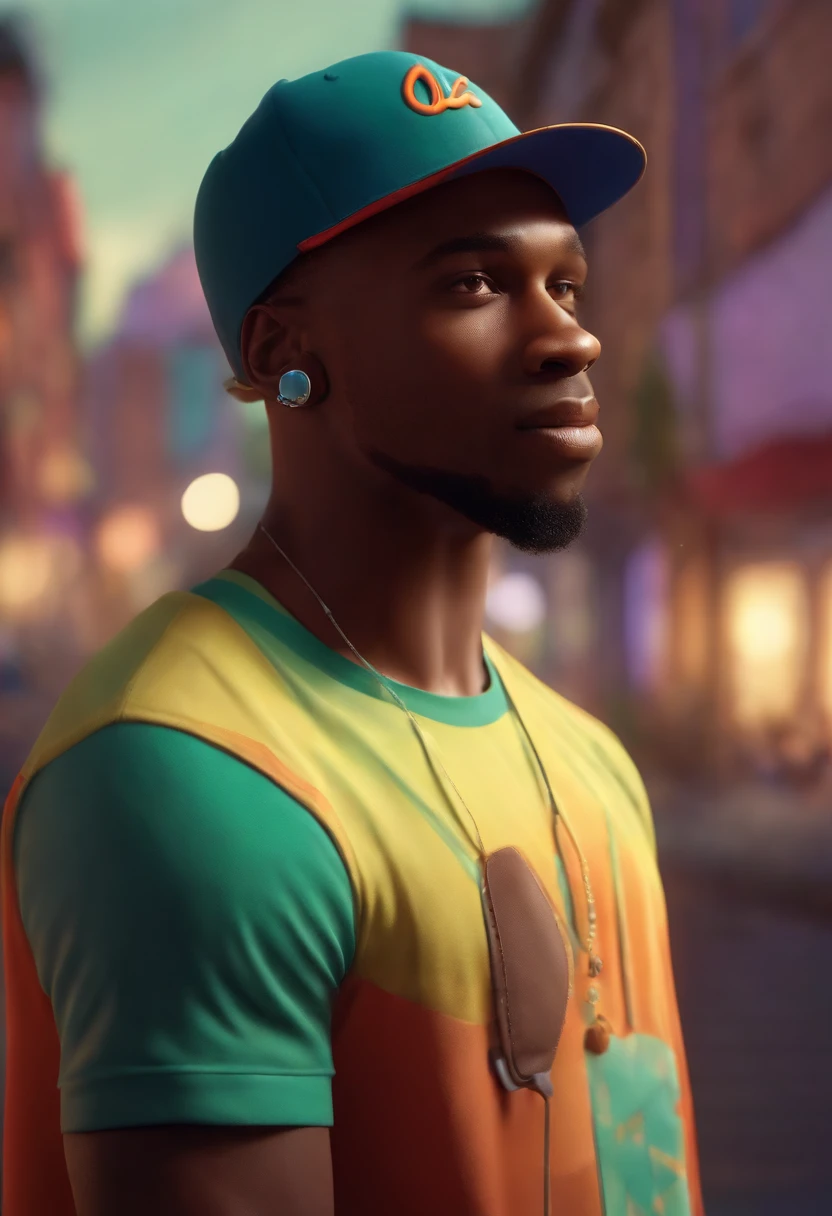 A black man in a cap without a beard ,olhos castanhos, com fones de ouvido, A music studio in the background, Imagem no estilo Pixar, Estilo de filme animado 3D, Disney, camiseta preta