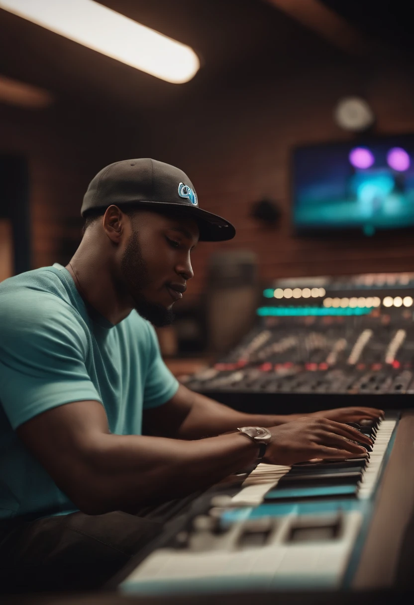 A black man in a cap without a beard ,olhos castanhos, com fones de ouvido, A music studio in the background, Imagem no estilo Pixar, Estilo de filme animado 3D, Disney, camiseta preta