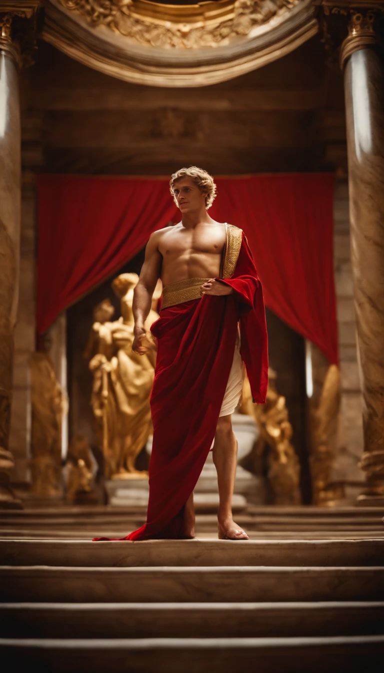 god apollo standing on an ancient roman court room, red rugs and flags, golden lighting, apollo with curly blonde hair, strond phisique, golden glow coming from his eyes, standin on stairs. glorious, masterpiece, perfect body, divine, ancient rome,