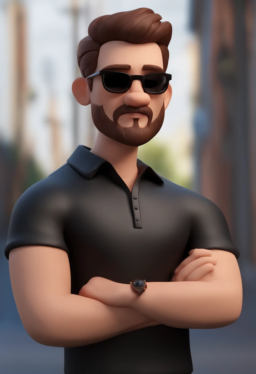 Cartoon character of a man with black glasses and a black polo shirt, cabelo liso, With beard and old school tattoo on his arm, animation character, Caractere estilizado, animation style rendering, 3D estilizado, Arnold Maya render, 3 d render stylized, toon render keyshot, Personagem 3D, Personagem 3D, 3d rendering stylized, 3 d character render, personagem de desenho animado, Personagem de close up, Pose de personagem, (Estilo Pixar) (master part:1.2) (Bokeh) (best quality) (pele detalhada) (textura detalhada) (8k) (argila) (Cinematic lighting) (foco nítido