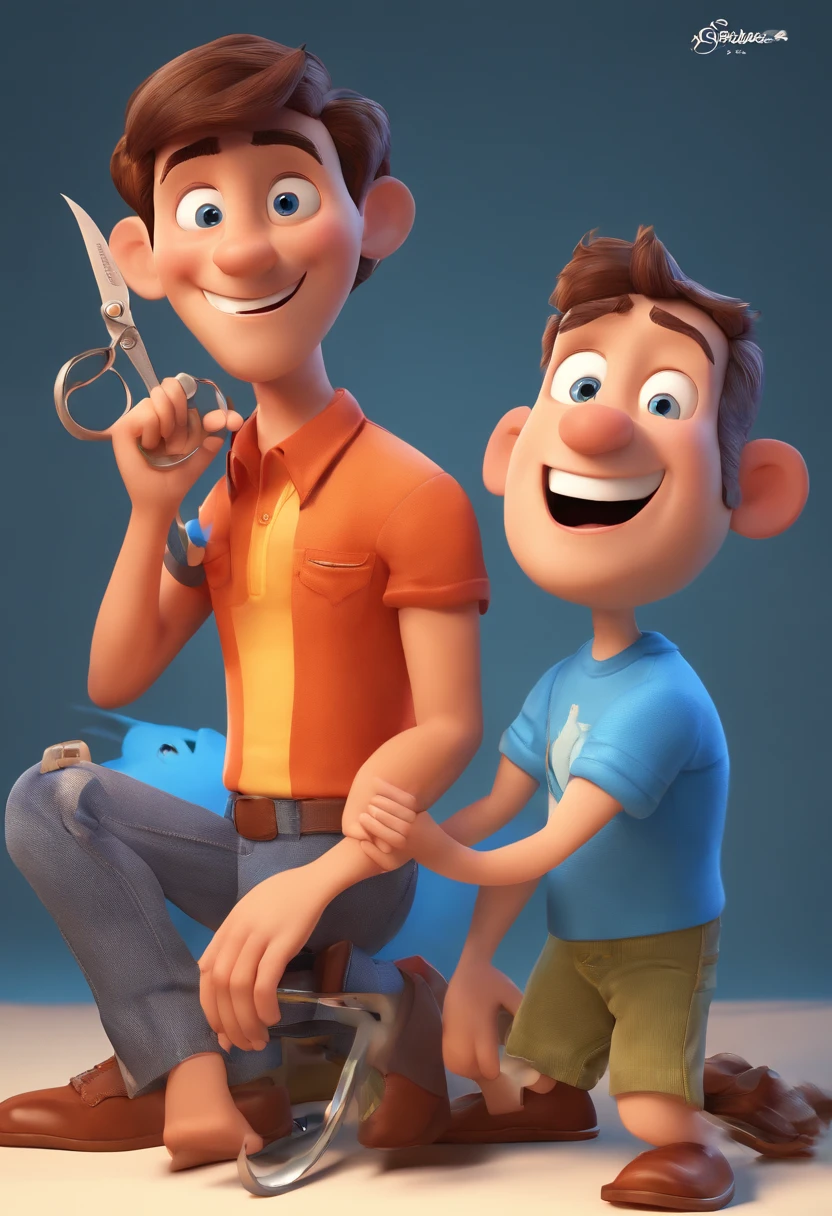 Estilo Pixar: The grown man is holding a naked blue-eyed boy and in his other hand he is holding a pair of scissors and is trying to cut off the boy's testicles,3D Poster,Disney