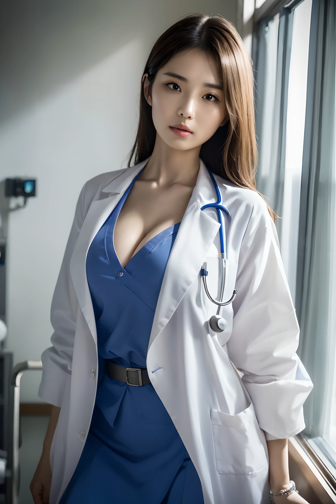 Photorealistic beautiful doctor、stunningly beautiful、Wearing the Doctor's lab coat over a shirt,, (top-quality、8K、32K、​masterpiece、nffsw:1.3)、超A high resolution,(Photorealsitic:1.4),Raw photography, Detailed face,,Beautiful hair, ((Doctor Style)), , tight skirts、 Natural makeup, Breast cleavage, large full breasts、inside hospital, Detailed background, Perfect Lighting, depth of fields, Beautiful shadow gradient,stethoscope ,