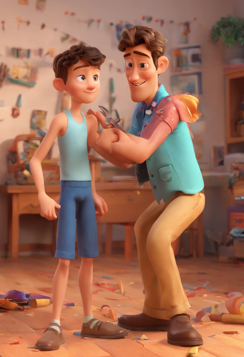 Estilo Pixar: The grown man is holding a naked blue-eyed boy and in his other hand he is holding a pair of scissors and is trying to cut off the boy's testicles,3D Poster,Disney