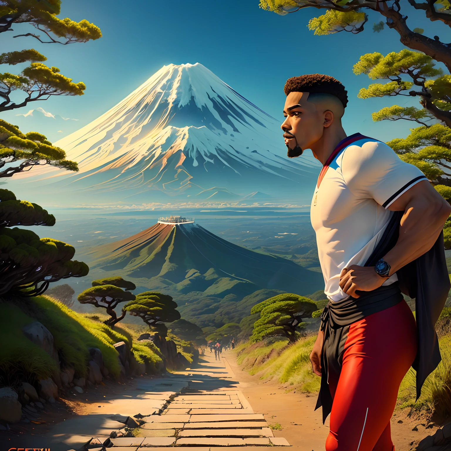 Pixar Style Poster, um homem atleta, Kimono branco faixa preta, sentando pernas cruzadas nos joelhos sob o Monte Fuji, nas costa emblema do origami, Sakura trees