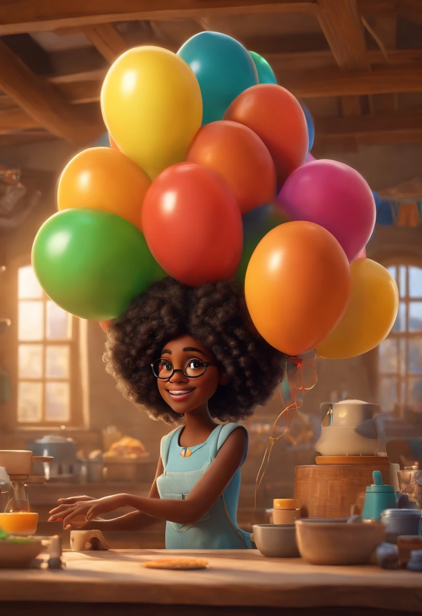 Um filme inspirado na Disney Pixar ( NEGRA JOVEM COM CABELO LONGO CACHEADOde coque castanho ) dentro A cena estar na arte distinta do estilo PIXAR, Cool being a balloon maker, Uma mulher afrodescendente de 40 anos, 90 quilos, Medium brown curly and long hair with golden blonde tips wearing glasses, in a balloon workshop