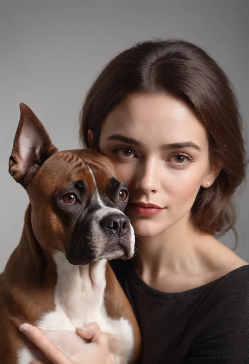 Beautiful young woman with gray boxer dog, Belas Artes, fundo preto, Luz de Rembrandt, --ar 2:3, (master part:1.4), (best quality:1.4), Foto RAW, (fotorrealista: 1.5), (short hair), cabelos castanhos claros, (Foto RAW, 8k UHD), belos olhos detalhados, olhos e rosto extremamente detalhados, master part, (pele altamente detalhada: 1.2), 8k UHD, DSLR, soft lighting, alta qualidade