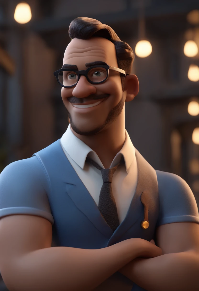 Cartoon character of a man with black glasses, cabelo cacheado marrom escuro e uma camisa azul, animation character, Caractere estilizado, animation style rendering, 3D estilizado, Arnold Maya render, 3 d render stylized, toon render keyshot, Personagem 3D, Personagem 3D, 3d rendering stylized, 3 d character render, personagem de desenho animado, Personagem de close up, Pose de personagem, (Estilo Pixar) (master part:1.2) (Bokeh) (best quality) (pele detalhada) (textura detalhada) (8k) (argila) (Cinematic lighting) (foco nítido