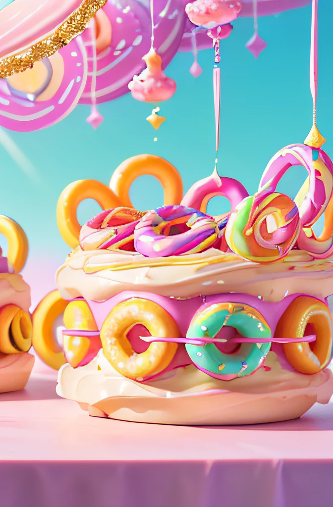 Create an image of a chain of delectable donuts all intricately intertwined, resembling a sweet confectionery cascade. Crafted in the art form of digital illustration, inspired by the works of Wayne Thiebaud. The scene features vibrant, pastel-colored donuts with whimsical details, exuding a playful atmosphere under soft, diffused lighting.