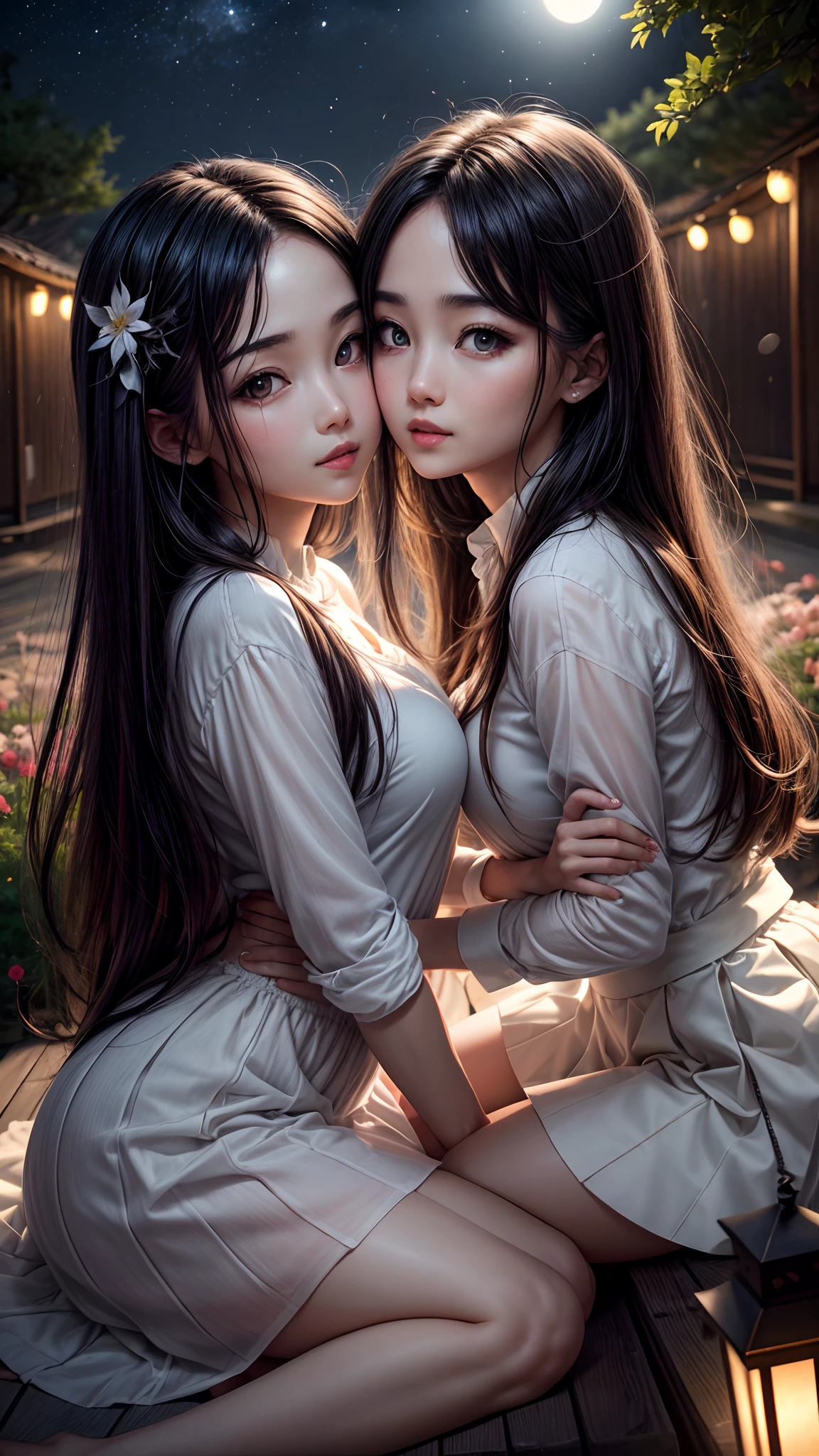 Dark night, absurderes, high resolution, Ultra detailed backgrounds, highly detailed hair, 2girl in, Calm tones, (Geometry:1.42), (Symmetrical background:1.4),  korean 29 year old girls, white shirt, red skirt, sit under the tree, Smiling, Photograph the whole body ,frombelow ,Backlighting of natural light, falling petals, garden view,  long_hair,  wind blowing, stary night, night sky, full moon, the source of light is the moon light, slighty_chubby, kissing each other, romance_mood, romantic lamp,