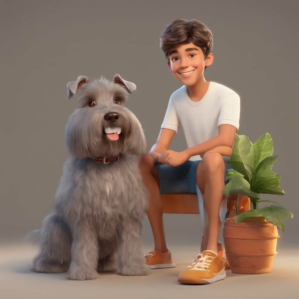 Lucas is a smiling 15-year-old human boy, com seu fiel amigo, Bolt, o cachorro schnauzer, deitados no jardim