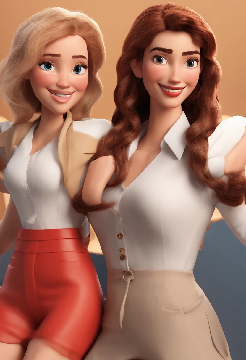 Estilo Pixar: A woman in a white vest with brown buttons and medium straight hair and red nails hugging another curly-haired woman in a black blouse