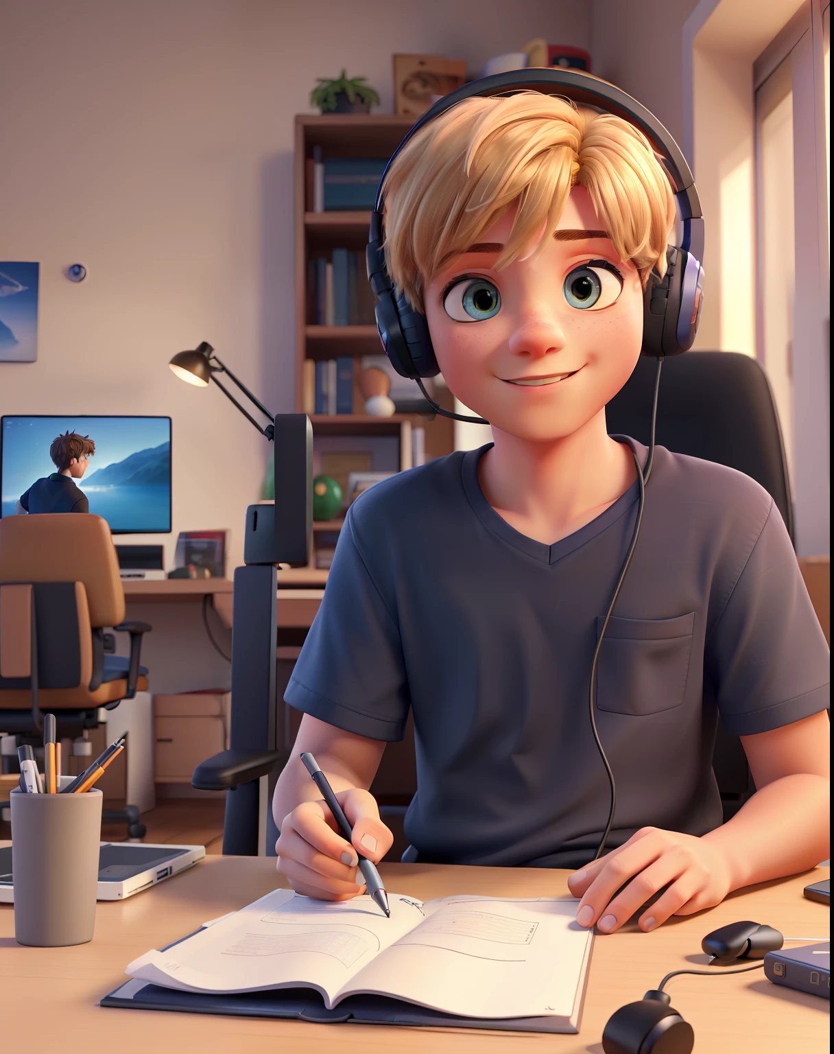 (best quality,4k,8k,highres,masterpiece:1.2),ultra-detailed,(realistic,photorealistic,photo-realistic:1.37),A cute and handsome -yeld boith straight, blond hair and a black shirt sitting on a gaming chair with a headset on his head, playing on the computer in a high-quality setting,3D rendered,crisp and vibrant colors,studio lighting,lively atmosphere.