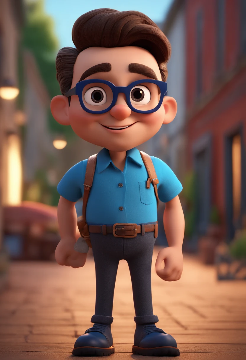 Cartoon character of a man with black glasses and a blue shirt, animation character, Caractere estilizado, animation style rendering, 3D estilizado, Arnold Maya render, 3 d render stylized, toon render keyshot, Personagem 3D, Personagem 3D, 3d rendering stylized, 3 d character render, personagem de desenho animado, Personagem de close up, Pose de personagem,  (Estilo Pixar) (master part:1.2) (Bokeh) (best quality) (pele detalhada) (textura detalhada) (8k) (argila) (Cinematic lighting) (foco nítido