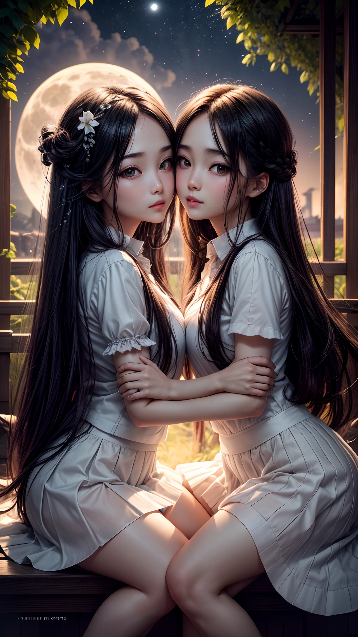 Dark night, absurderes, high resolution, Ultra detailed backgrounds, highly detailed hair, 2girl in, Calm tones, (Geometry:1.42), (Symmetrical background:1.4),  korean 29 year old girls, white shirt, red skirt, sit under the tree, Smiling, Photograph the whole body ,frombelow ,Backlighting of natural light, falling petals, garden view,  long_hair,  wind blowing, stary night, night sky, full moon, the source of light is the moon light, slighty_chubby, kissing each other, romance_mood, romantic lamp,