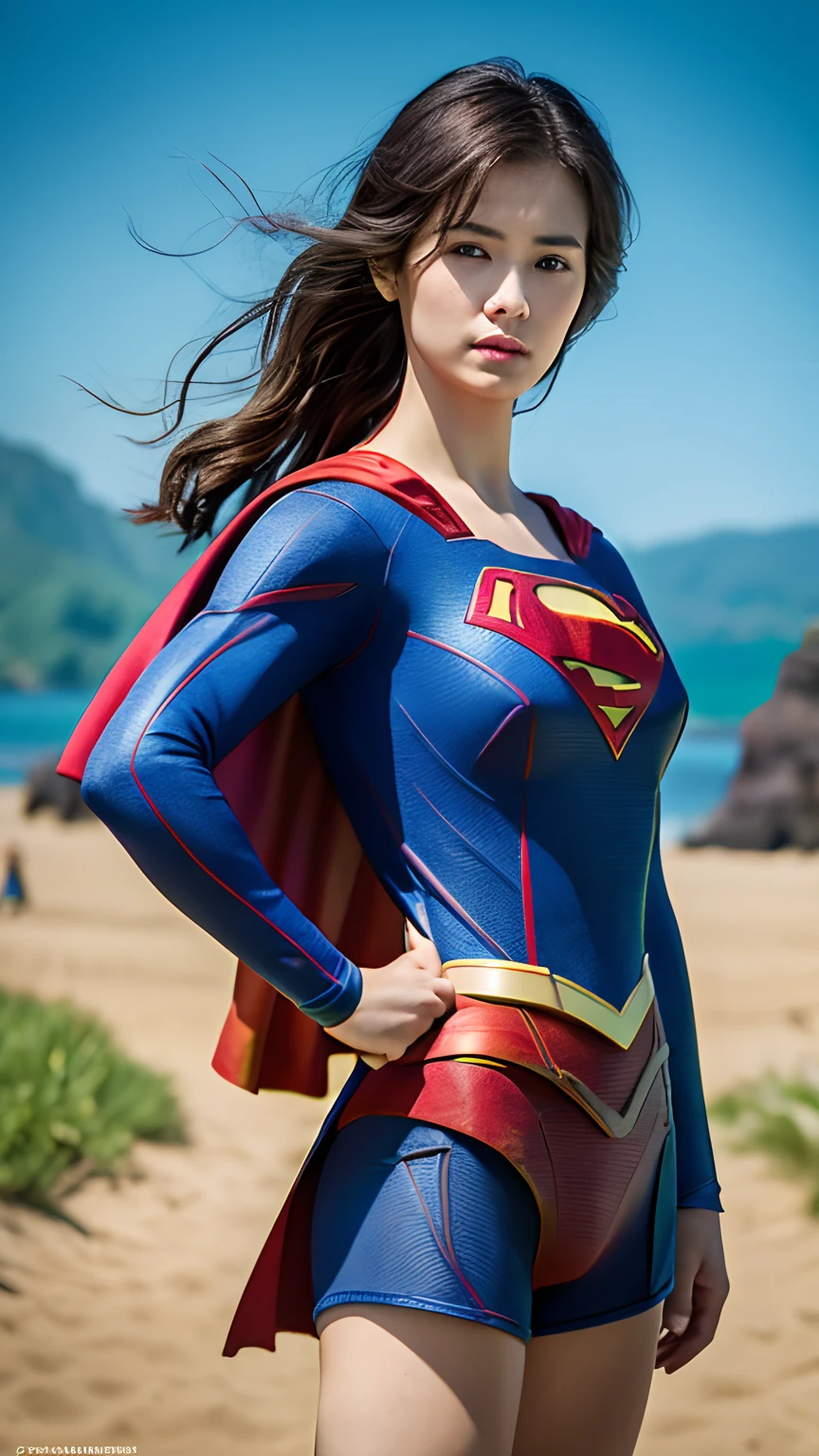 1girl in, Beautiful Hawaiian Woman,((Supergirl Suit)), superman logo,  full-shot, Standing Pose, looking at the viewers,Hawaiian Landscape,the beach，细致背景,Photorealsitic、a picture、​masterpiece、reallistic、真实感、photorealisim、High contrast、Photorealistic Art Station Trending Digital Art 8k HD High Definition and Detailed Realistic, detaileds, Skin Texture, ultra-detailliert, realistic skin textures, armature, top-quality, 超A high resolution, (Photorealsitic:1.4),, hight resolution, detaileds, Raw foto, Sharp Re, Nikon D850 Film Stock Photo by Lee Jefferies 4 Kodak Portra 400 Camera F1.6 lenses rich colors hyper realistic lifelike textures dramatic lighting unreal engine artstation trends synestil 800,