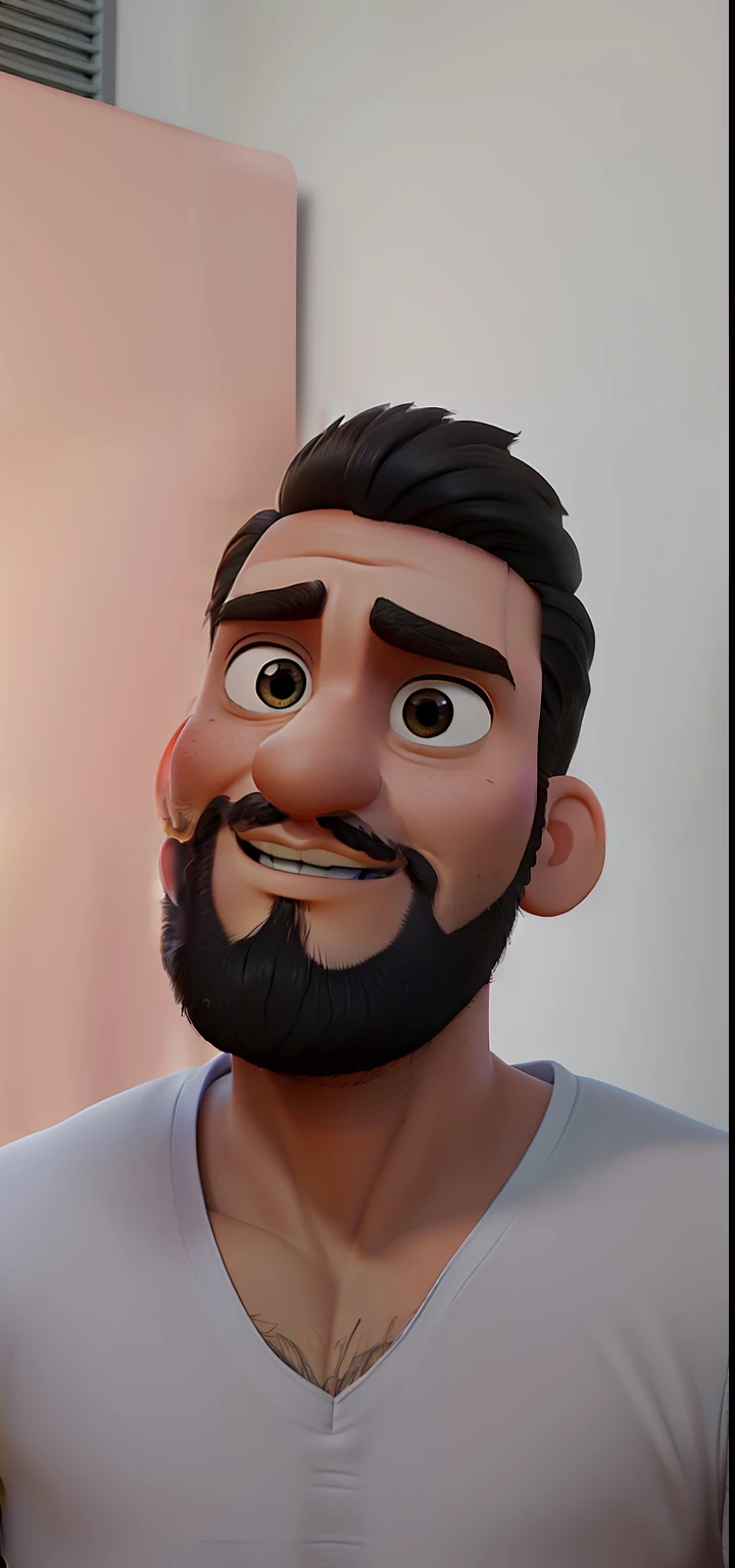 Poster no estilo Disney pixar, alta qualidade, melhor qualidade, homem sexy branco, 30 anos cabelo grisalho barba preta, musculoso, com fundo em um restaurante a luz de velas