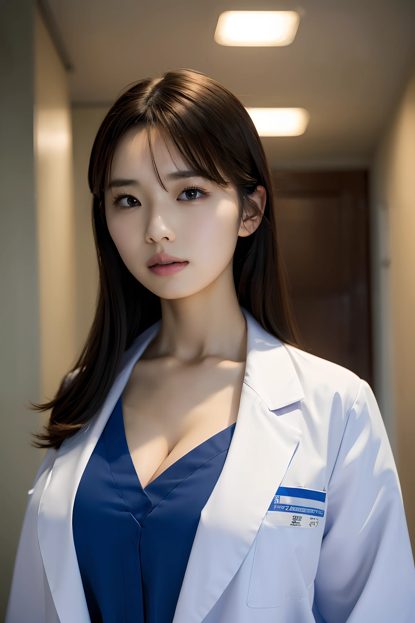 Photorealistic beautiful doctor、stunningly beautiful、Wearing the Doctor's lab coat over a shirt,, (top-quality、8K、32K、​masterpiece、nffsw:1.3)、超A high resolution,(Photorealsitic:1.4),Raw photography, Detailed face,,Beautiful hair, ((Doctor Style)), , tight skirts、 Natural makeup, Breast cleavage, large full breasts、inside hospital, Detailed background, Perfect Lighting, depth of fields, Beautiful shadow gradient,stethoscope ,