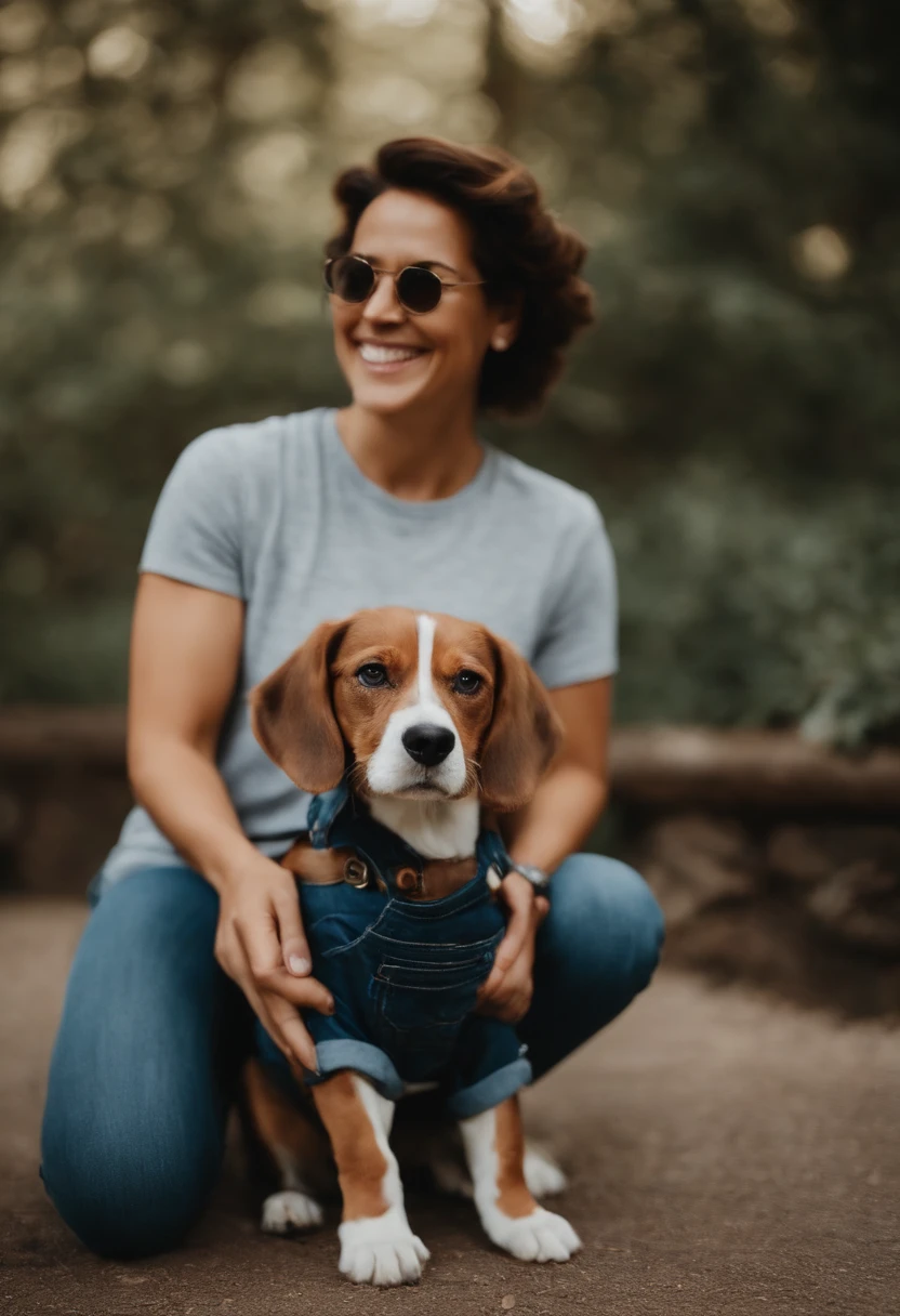 Pixar. Casal com um filhote de cachorro beagle marrom. A tem os cabelos loiros amarrados, Camiseta cinza e jeans claro, white glasses. O meninobelos pretos com cabelos grisalhos, barba pequena, oculos, Dark blue jeans and gray t-shirt. They are both smiling and are 40 years old