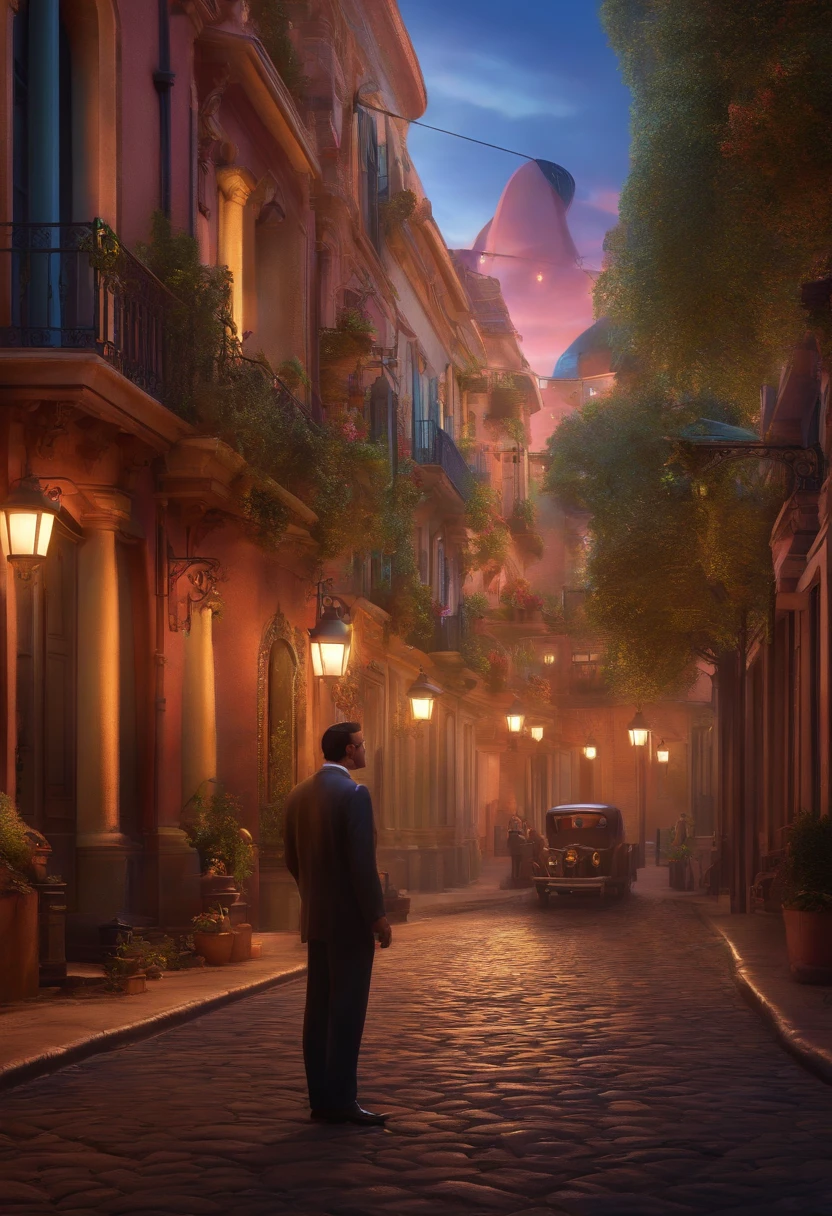 A city councilman looking at a dream project inspired by Pixar animation, de perto. The character takes center stage with captivating facial expressions, oferecendo um toque de irrealidade