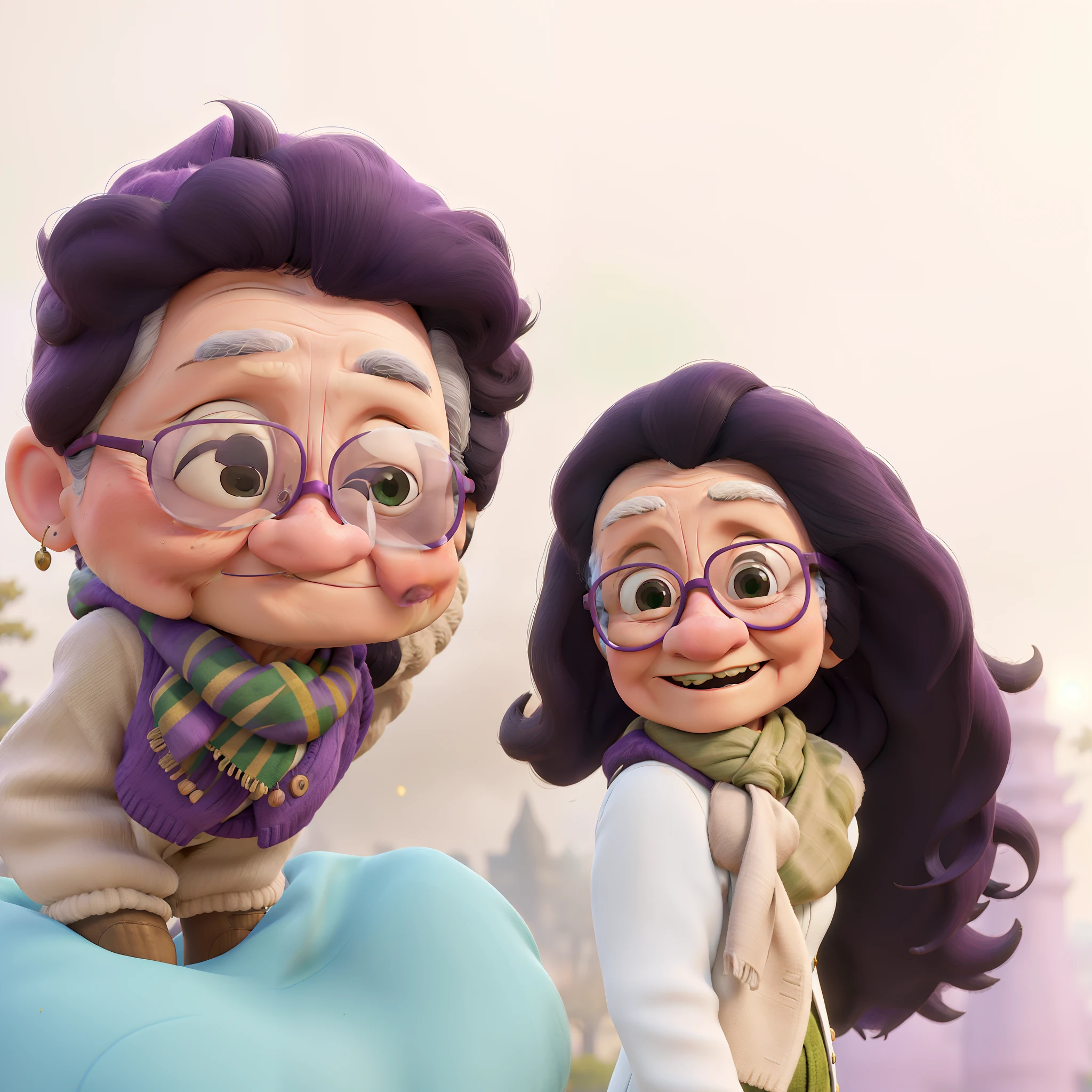 masterpiece, best quality, an old woman with glasses and a scarf on, wearing a purple coat and green scarf, standing at the park
