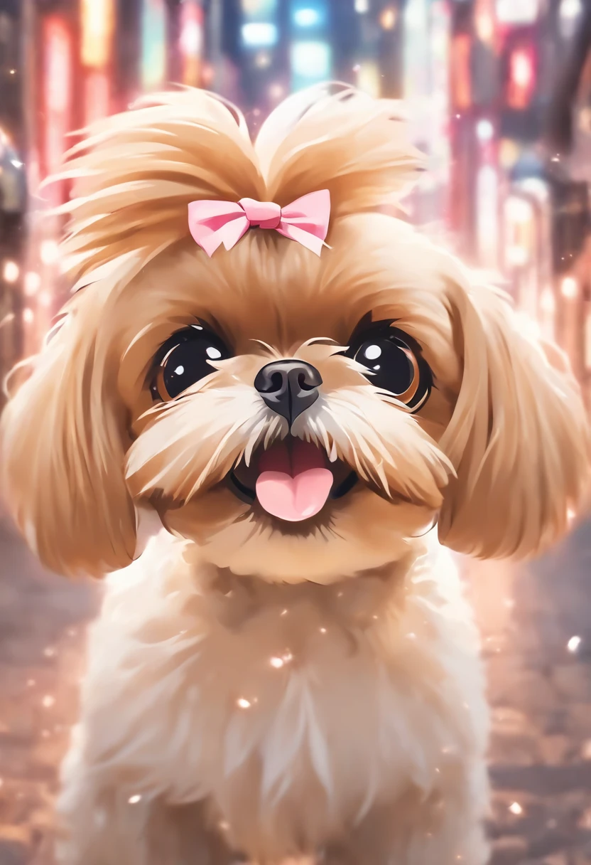 pequena cachorra com pelos longos, shih tzu branca, Mixed ears in beige and white colors with a pink bow on the head, pelagem longa, bonita precisa de sua ajuda, Looking towards the camera, queixo pequeno, taken with sony a7r camera, olhar desleixado, Oi, monochrome black and white, lovingly looking at camera