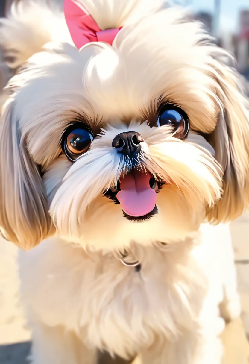pequena cachorra com pelos longos, shih tzu branca, Mixed ears in beige and white colors with a pink bow on the head, pelagem longa, bonita precisa de sua ajuda, Looking towards the camera, queixo pequeno, taken with sony a7r camera, olhar desleixado, Oi, monochrome black and white, lovingly looking at camera