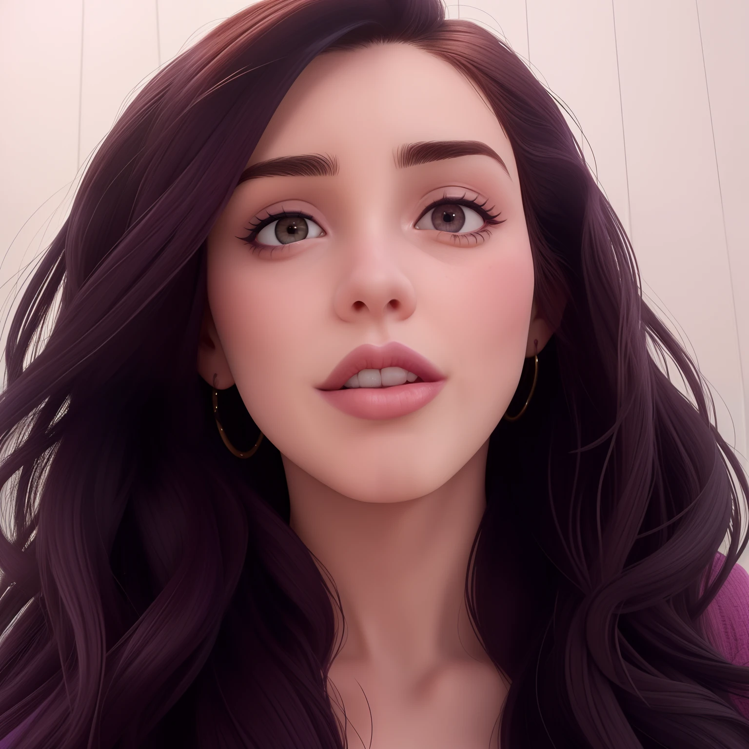 (best quality,ultra-detalhado,Realistic:1.37),Mulher de 29 anos com cabelos pretos ondulados, olhos castanhos claros, olhar sexy, Slightly open mouth with purple lipstick on the lips
