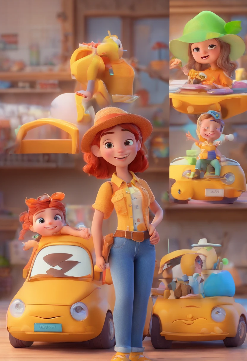 Estilo Pixar: Familia, Um pai, A mother and two girls. Uma menino de 6 anos e outro de 2 anos . Uma fazenda com vacas lindas e marrom .
