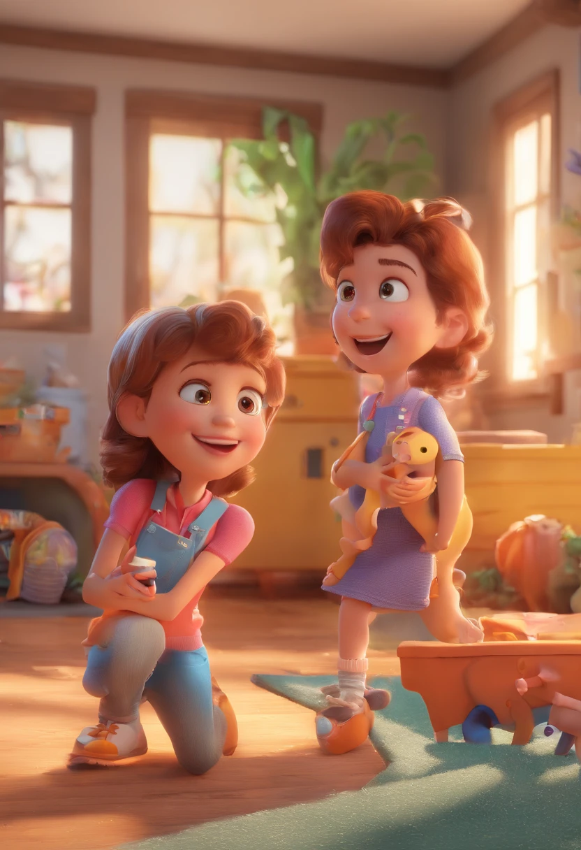 Estilo Pixar: Familia, Um pai, A mother and two girls. Uma menino de 6 anos e outro de 2 anos . Uma fazenda com vacas lindas e marrom .