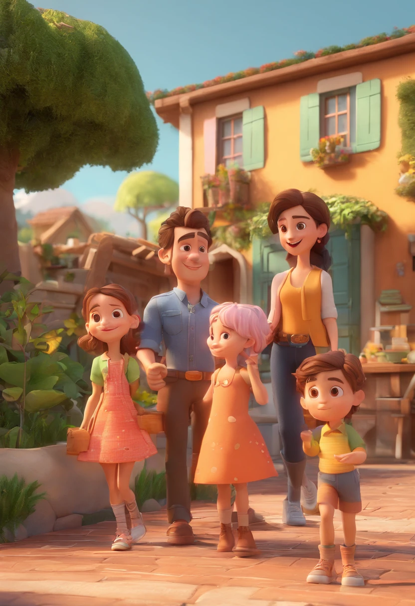 Estilo Pixar: Familia, Um pai, A mother and two girls. Uma menino de 6 anos e outro de 2 anos . Uma fazenda com vacas lindas e marrom .