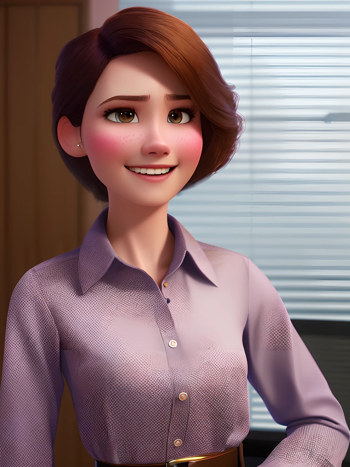 pixarstyle a waist-length portrait of a young woman in a office shirt, smile, office, natural skin texture, 4k textures, hdr, intricate, highly detailed, sharp focus, cinematic look, hyperdetailed