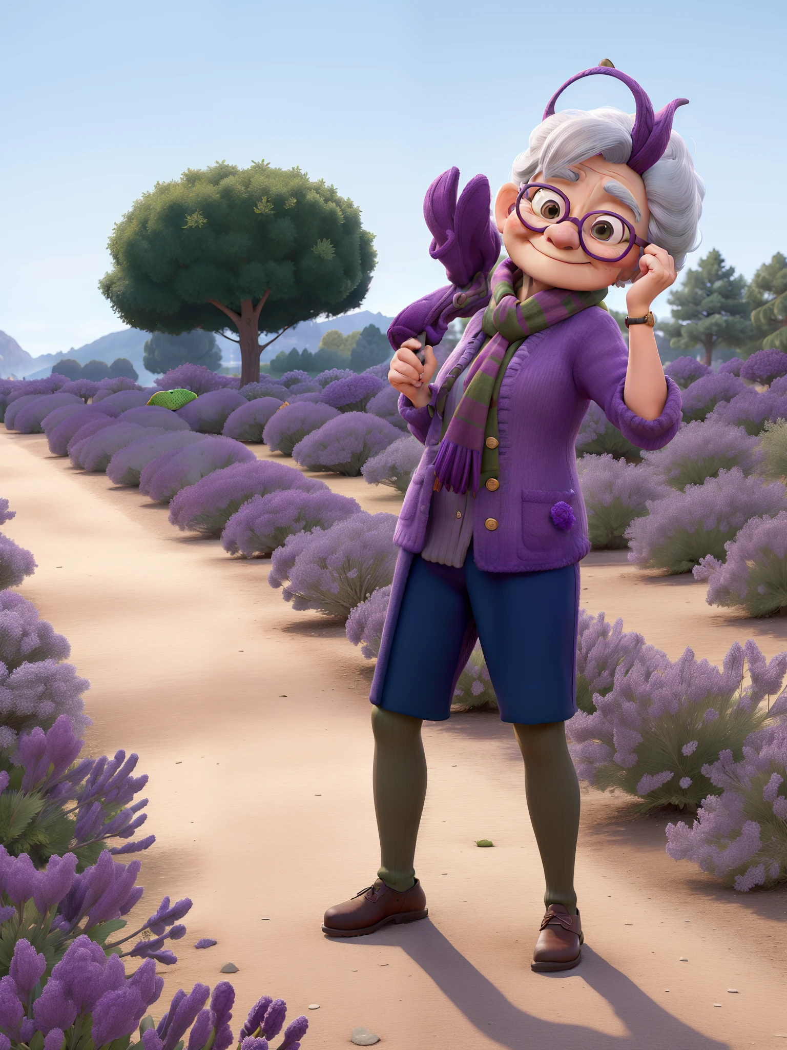 masterpiece, best quality, an old woman with glasses and a scarf on, wearing a purple coat and green scarf, standing at the park