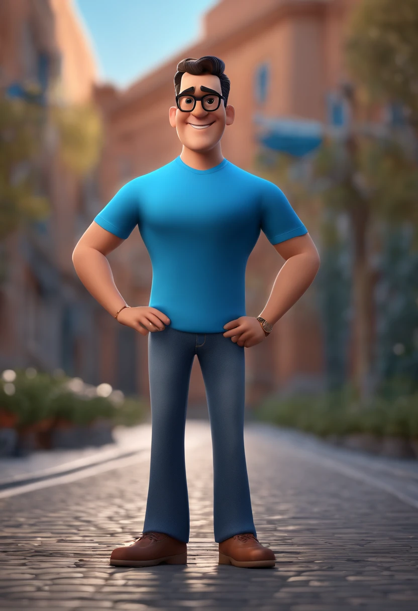 Cartoon character of a man with black glasses and a blue shirt, animation character, Caractere estilizado, animation style rendering, 3D estilizado, Arnold Maya render, 3 d render stylized, toon render keyshot, Personagem 3D, Personagem 3D, 3d rendering stylized, 3 d character render, personagem de desenho animado, Personagem de close up, Pose de personagem,  (Estilo Pixar) (master part:1.2) (Bokeh) (best quality) (pele detalhada) (textura detalhada) (8k) (argila) (Cinematic lighting) (foco nítido