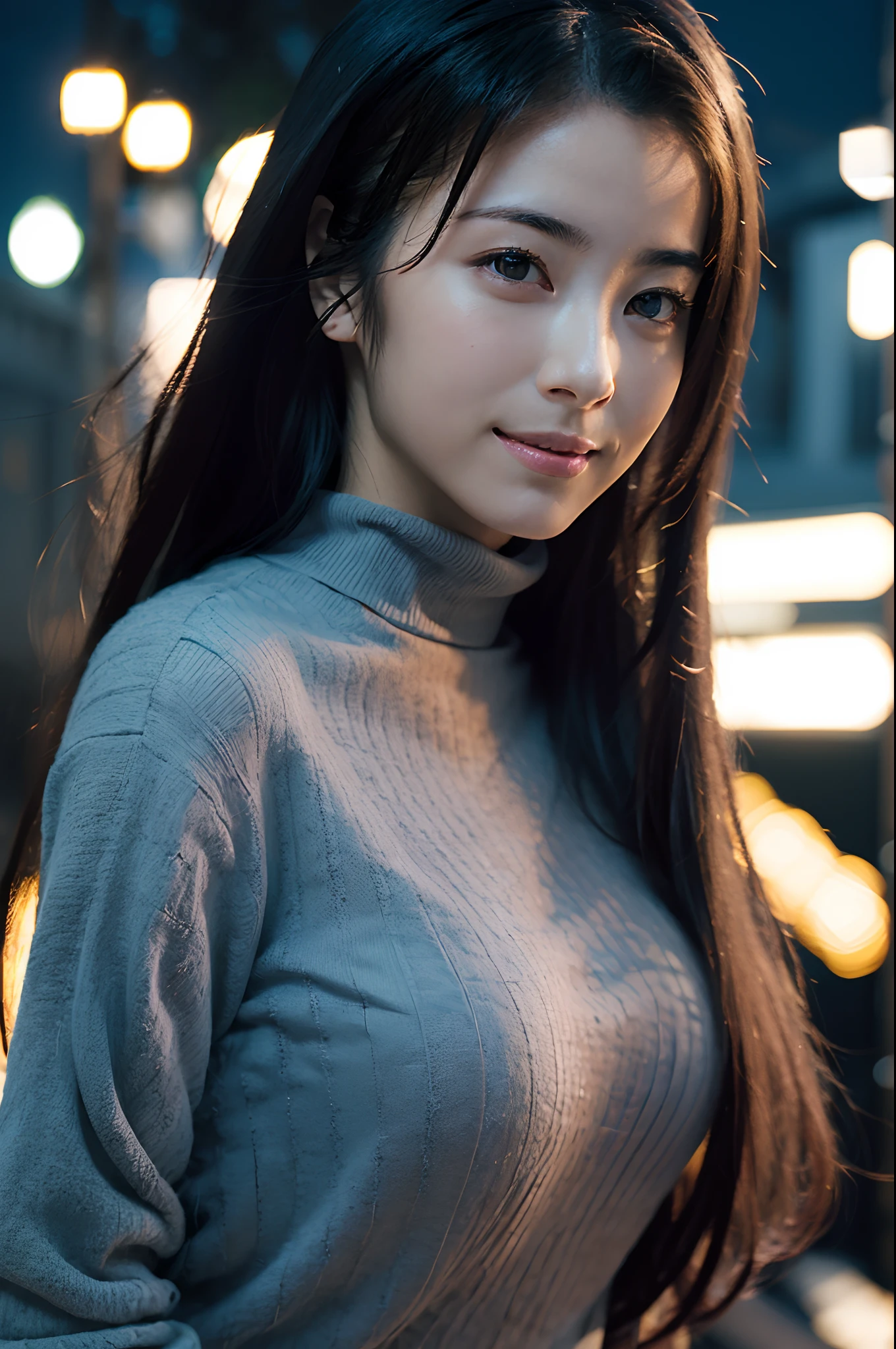 girl,Cute,Beautiful face,turtle neck,Flat breasts, Longhair, 17 age, Smile,Watching Now, Front view, plein air,{{Wind}},{{Night}},Christmas tree, Illumination background, {{{{{Detailed face}}}}},Photorealization, Detailed body, Ultra-detailed, Best Quality, Beautiful detailed eyes, Cinematic lighting, super detailed skin