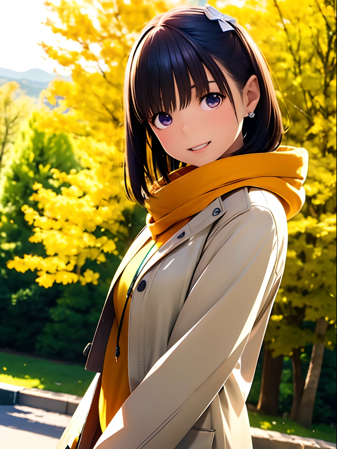 hight resolution,8K,Best Quality,detaileds,semi - realistic anime,Anime 3D Style,Smooth Anime CG,1 girl in,20 year old woman in Japan,slim,modeled,shiny chestnut hair,Medium Hair,Detailed face,Beautiful and detailed eyes,Glowing skin,(parka,layered clothes),earring beautiful,a necklace,autumnal,Colored leaves,Ginkgo tree,Red and yellow landscape, (Doing cute jumps),Hard Focus、film grains,Soft lighting,the wind,looking at the viewers,Smile with open mouth,Angle from the side