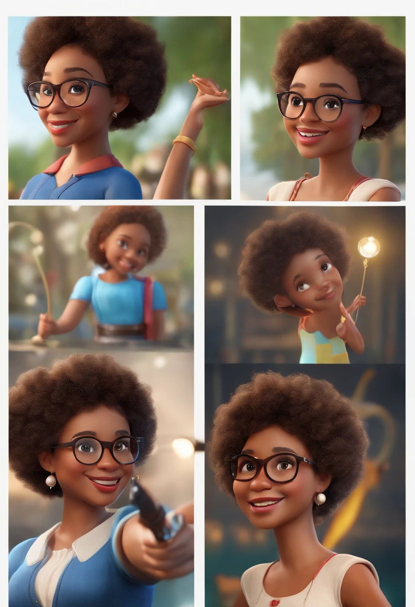 (best quality,4k,8k,highres,masterpiece:1.2),ultra-detailed,realistic:1.37,3D rendering,cute,fishing,short curly hair,brown skin,tight smile,close-up,white glasses,Disney,Pixar,studio lighting,colorful,joyful,dancing,makeup.