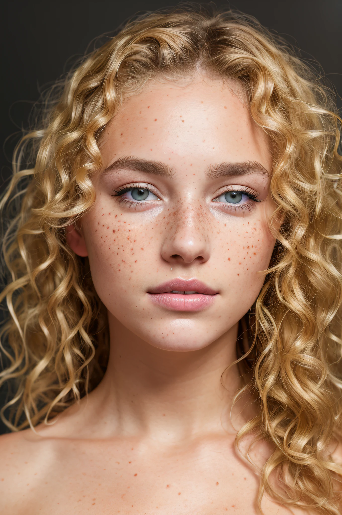 a photo portrait of a beautiful girl with curls and lots of freckles, (dirty blonde hair), (face portrait:1.5), dramatic light , Rembrandt lighting scheme, (hyperrealism:1.2), (8K UHD:1.2), (photorealistic:1.2), shot with Canon EOS 5D Mark IV, detailed face, detailed hair