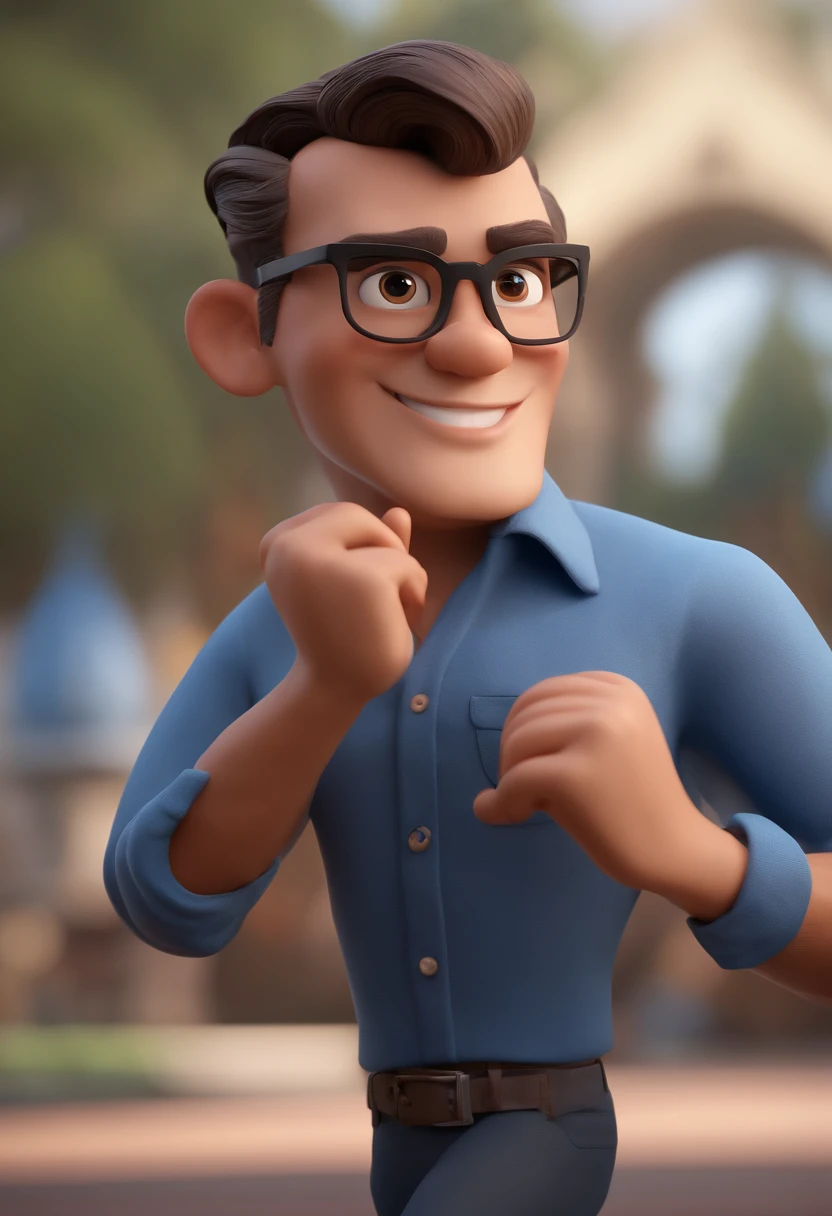 Cartoon character of a man with black glasses and a blue shirt, animation character, Caractere estilizado, animation style rendering, 3D estilizado, Arnold Maya render, 3 d render stylized, toon render keyshot, Personagem 3D, Personagem 3D, 3d rendering stylized, 3 d character render, personagem de desenho animado, Personagem de close up, Pose de personagem, (Estilo Pixar) (master part:1.2) (Bokeh) (best quality) (pele detalhada) (textura detalhada) (8k) (argila) (Cinematic lighting) (foco nítido