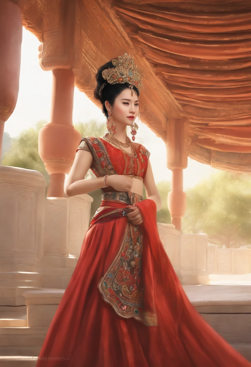 best quality, master part, super detailed High resolution, (Realistic: 1.4), estilo aquarela, illustration, cor de fundo deslumbrante,, 1 Menina segurando arma, (Solo Show: 1.2), (lente jeans: 1.2), (coroa de cabelo: 1.2), Chinese Dunhuang Traditional Costume, No Straps, (delineador vermelho: 1.2), (: 1.4), Brincos, Dynamic angle, Opera House, Messy_Longas_Hair, tinta, luzes do filme, Lente_fulgurar, Veludo, chrysanthemum, Borlas, Fitas, bordados coloridos,