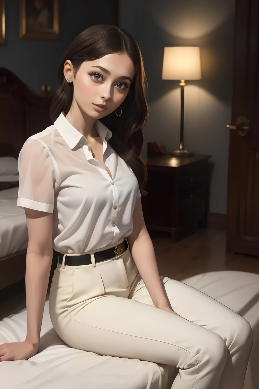 Arafed woman sitting on a bed with a white shirt and black pants, Retrato Sophie Mudd, Anna Nikonova aka Newmilky, Anastasia Ovchinnikova, Estilo de Julia Razumova, Ekaterina, Viktoria Gavrilenko, Alina Ivanchenko, mulher linda, gorgeous female jade tailor, Angelina Stroganova, Taran Dasha, Bom modelo
