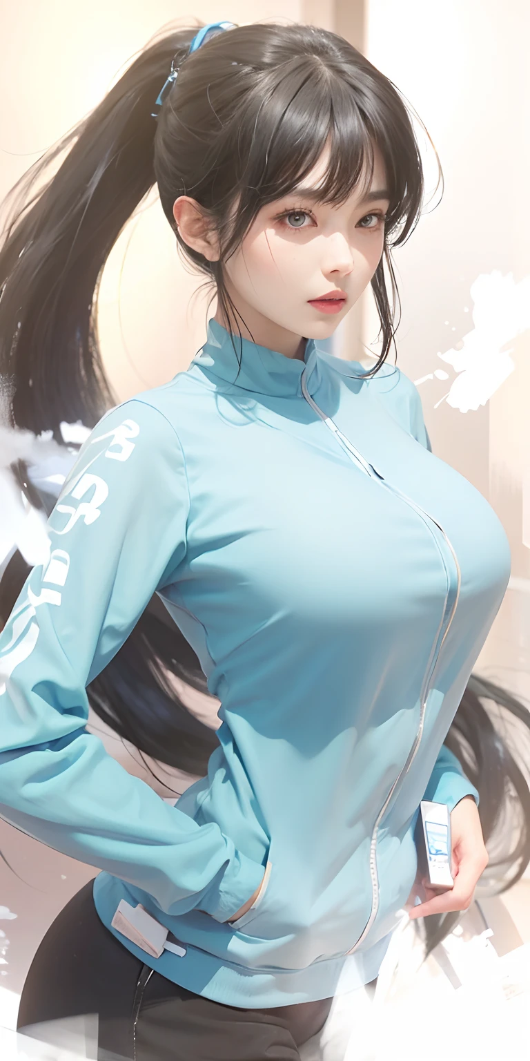 1girl,huge breast, black hair, ponytail, blue clothes, ultra detailed, masterpiece, realistic