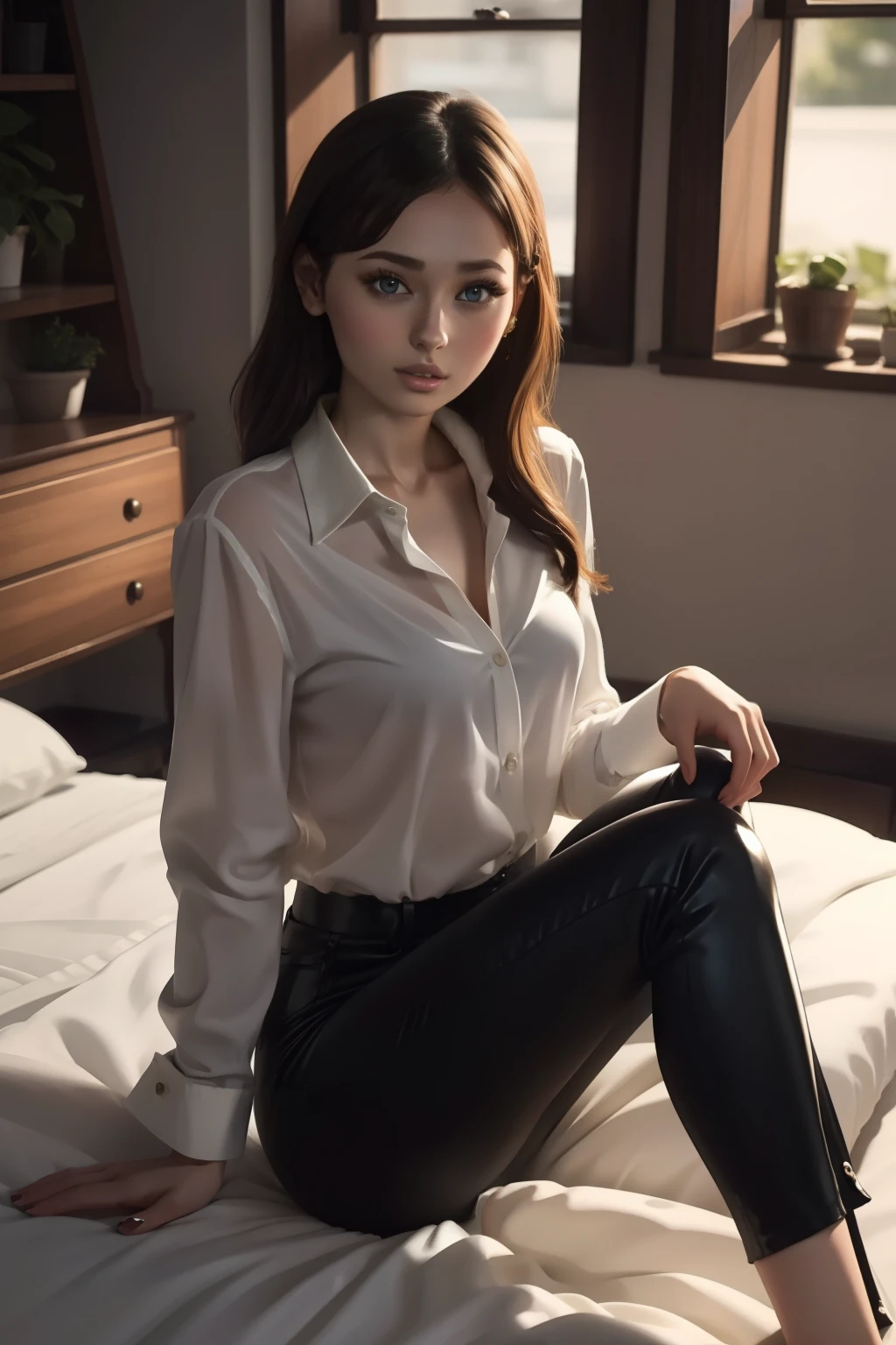 Arafed woman sitting on a bed with a white shirt and black pants, Retrato Sophie Mudd, Anna Nikonova aka Newmilky, Anastasia Ovchinnikova, Estilo de Julia Razumova, Ekaterina, Viktoria Gavrilenko, Alina Ivanchenko, mulher linda, gorgeous female jade tailor, Angelina Stroganova, Taran Dasha, Bom modelo