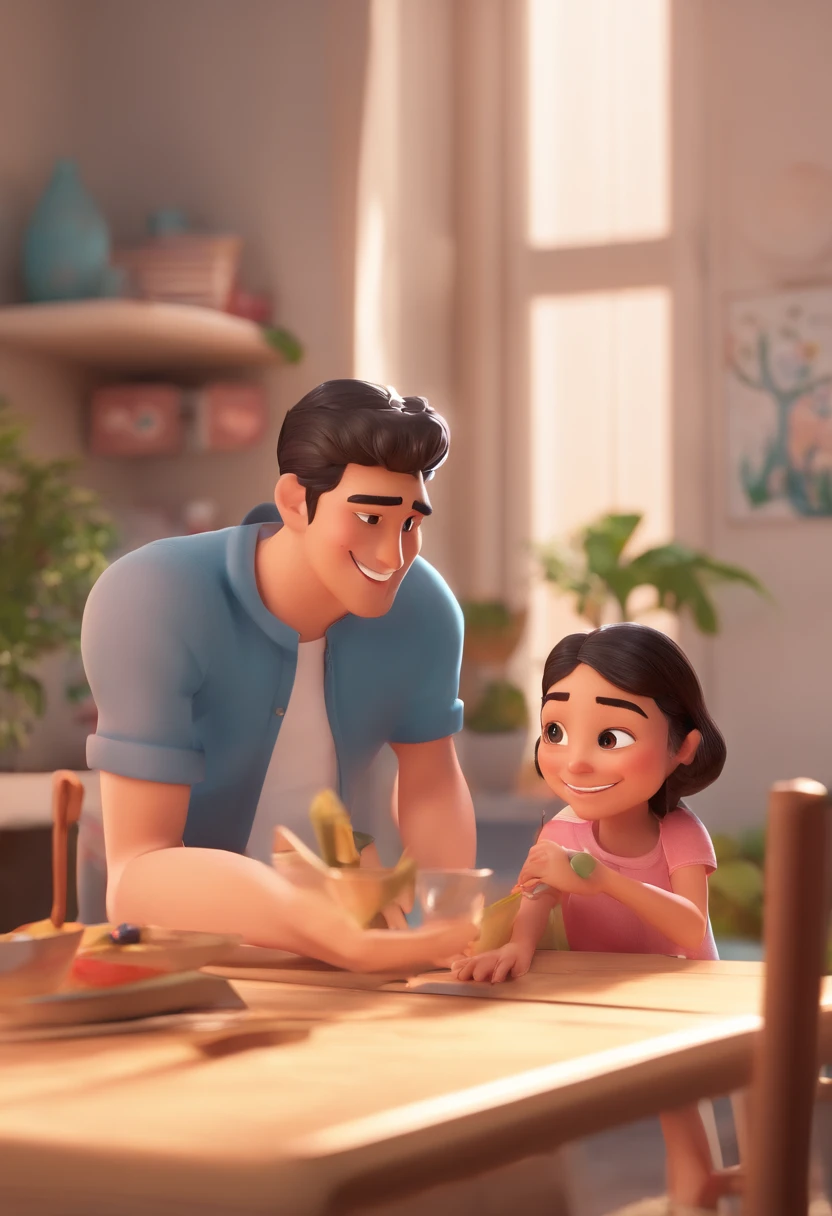 An illustration of an adorable couple, destacando um homem e uma mulher com bonito, Expressive eyes – the man's skin is black and the man's hair is bald and black, while the woman's skin is black and the woman's hair is curly and brown. They are a bright room, cada um com um sorriso no rosto, e compartilhar um momento especial caracterizado pelo amor, arroz, e insights educacionais. Illustrate this scene from a perspective where they are facing away from the camera, Showing Your Connection. Desenvolva esta arte em Full HD, Focus on your cinematic touch, Estilo Disney Pixar Animations