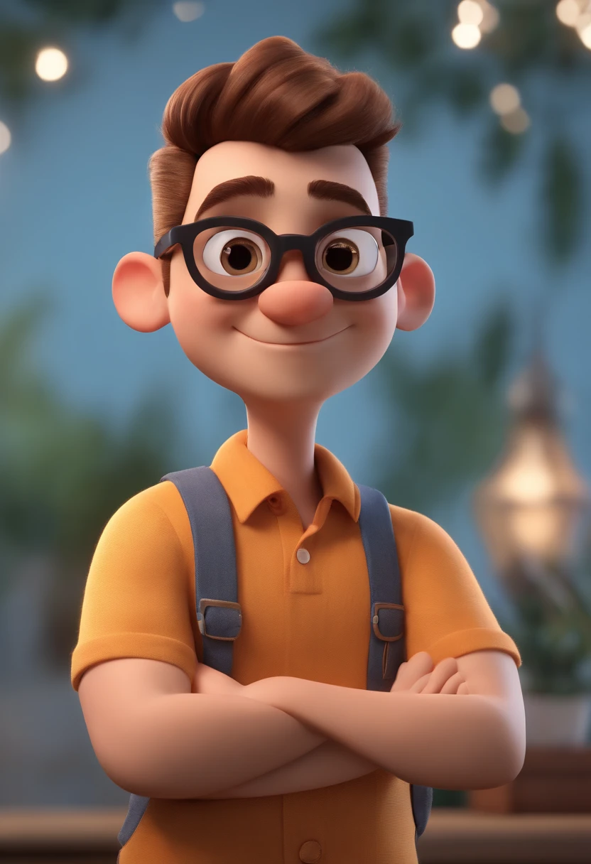 Cartoon character of a man wearing black glasses and a blue shirt, um personagem animado, Caractere estilizado, animation style rendering, 3D estilizado, Arnold Maya render, 3 d render stylized, toon render keyshot, Personagem 3D, Personagem 3D, 3d rendering stylized, 3 d character render, personagem de desenho animado, Personagem de close up, Pose de personagem, (Estilo Pixar) (master part:1.2) (Bokeh) (best quality) (pele detalhada) (textura detalhada) (8k) (argila) (Cinematic lighting) (foco nítido,Senta e vaza a parte superior do corpo