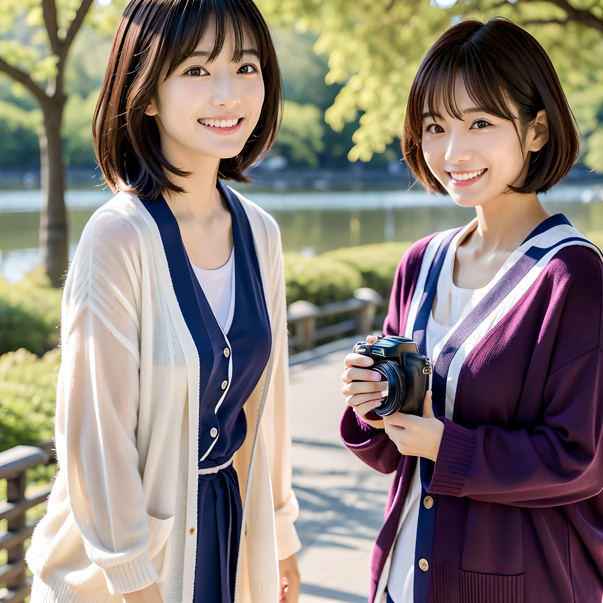 Two Japan women taking photos in a park on the Sumida River in Japan、She was a 27-year-old woman with loose, fluffy short hair and lobbed hair、One is a 31-year-old woman with small breasts and a dark brown lob、The two are having fun、small tits、Small、discreet breasts、street snap、Adult Women's Plain Clothes、a sailor suit、cardigan、Sheer feeling、Beautuful Women、Looking at me with a smile、Staring at each other