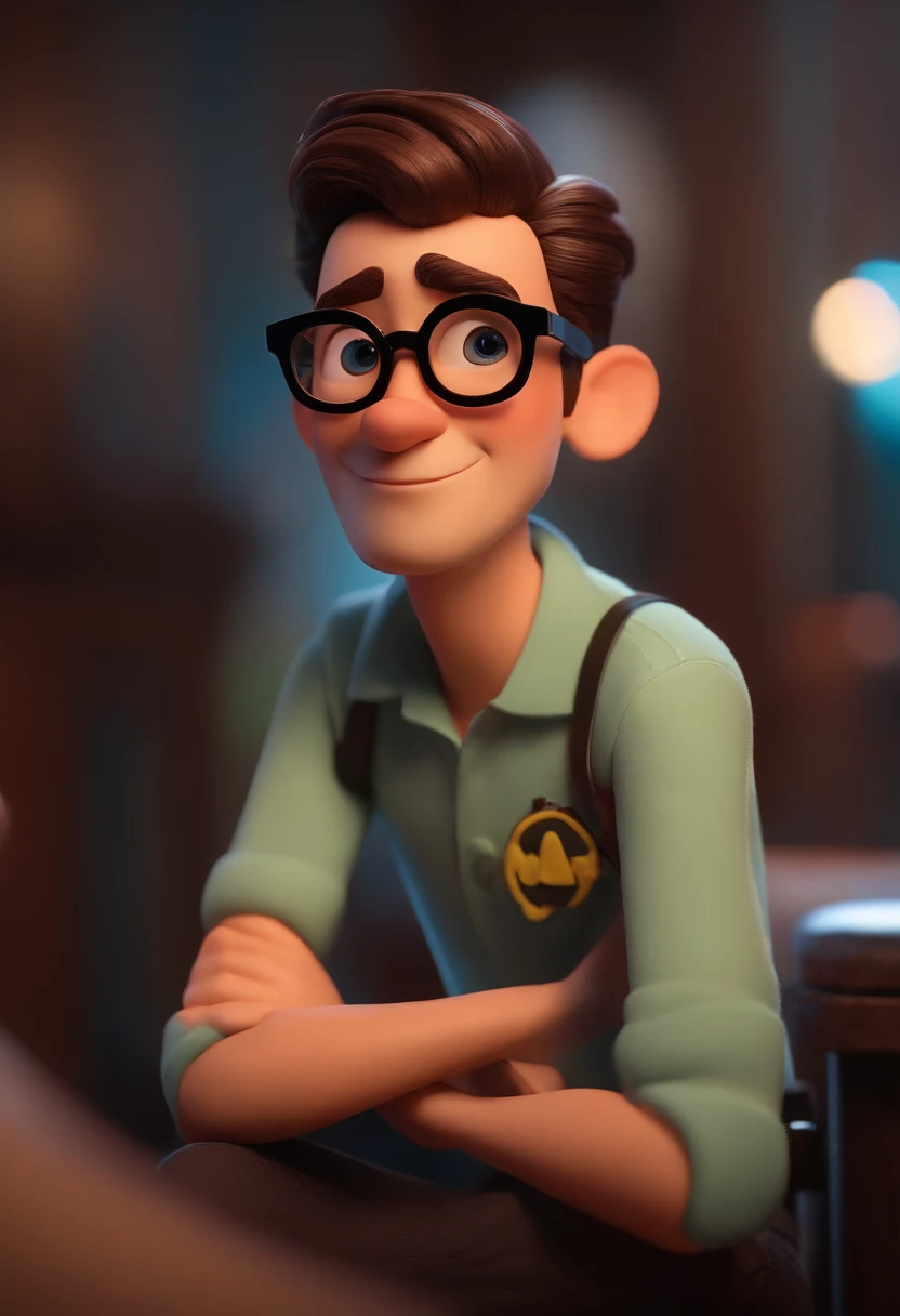 Pixar style image with 3D character glasses black, homem com oculos de grau , cabelos cachedos curto, barba curta Disney ,Close-up, Pixar, Disney, Cinema lighting, com luzes no fundo